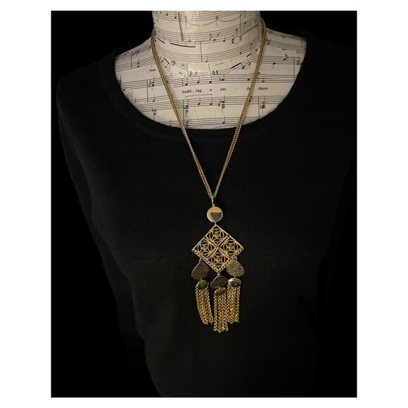 Gold Tone Thry-Tri Tassel Statement Necklace - Picture 2 of 8